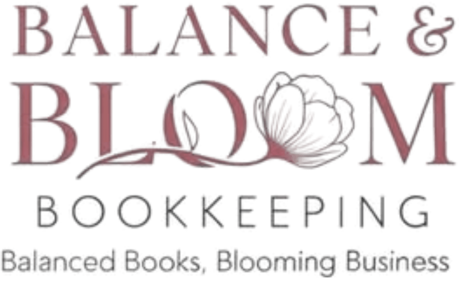 Logo for Balance & Bloom Bookkeeping featuring a flower inside the letter "O" in "BLOOM" with the tagline "Balanced Books, Blooming Business.